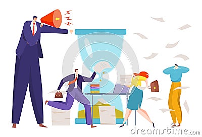 Angry boss shout, concept deadline before end project, hurrying employees in office, design cartoon style vector Vector Illustration