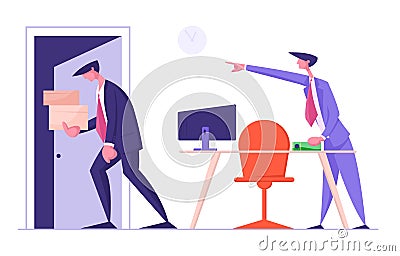 Angry Boss Shouting and Pointing on Door to Sad Worker Carrying his Belongings in Box. Fired Employee Leaving Office Vector Illustration