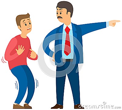 Angry boss shouting to employee. Conflict in office between chief and worker, stressed subordinate Vector Illustration