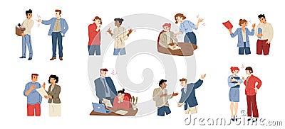 Angry boss yelling at employee, flat vector set Vector Illustration