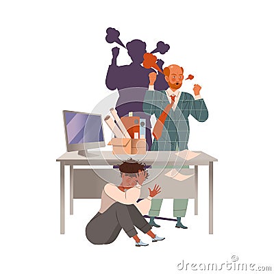 Angry boss yelling at scared employee hiding under table. Evil boss and stressed staff concept vector illustration Vector Illustration