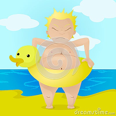 Angry boy with inflatable yellow duck buoy, kid cant take off the buoy because he is fat. Vector Illustration