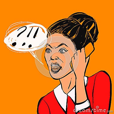 Angry brunette woman with mobile phone and text bubble. Vector illustration. Vector Illustration