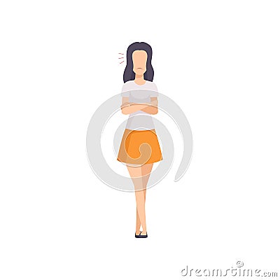 Angry brunette young woman standing with folded hands, emotional girl feeling anger vector Illustration on a white Vector Illustration