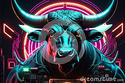 Angry Bull Mounted on a Tech-Style Circuit Board: Front View, Horns Poised and Ready to Charge Stock Photo