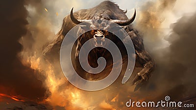 Angry Bull Running Through Flame And Smoke - Detailed Illustration Stock Photo