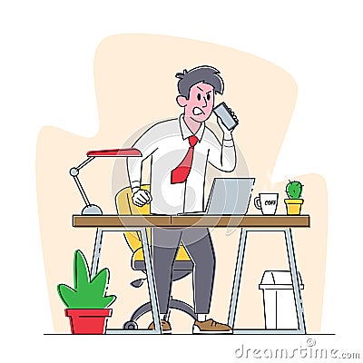 Angry Business Man with Red Face Speaking by Smartphone in Office with Work Desk and Computer. Office Worker with Phone Vector Illustration