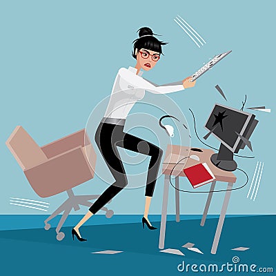 Angry business woman breaks a computer Vector Illustration