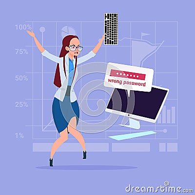 Angry Business Woman Inputting Wrong Password Using Computer Problem With Access Concept Vector Illustration