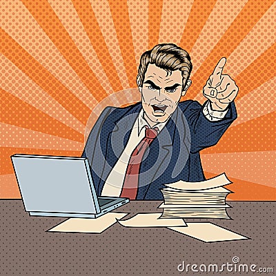 Angry Businessman Boss Screaming and Pointing Finger Out. Pop Art Vector Illustration