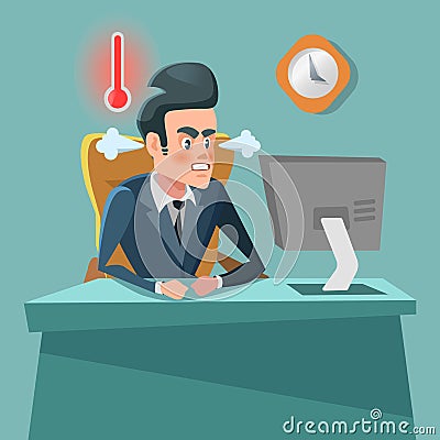 Angry Businessman Cartoon with Computer. Stress at Work Vector Illustration