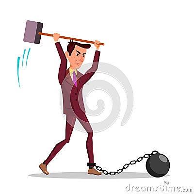 Angry Businessman Cutting Iron Chain With Big Hammer Vector Flat Cartoon Illustration Vector Illustration