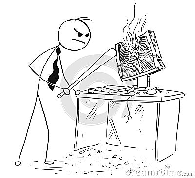 Angry Businessman Destroying Smashing Computer with Baseball Bat Vector Illustration