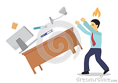 Angry businessman flips his working desk. Concept of bad anger management Vector Illustration