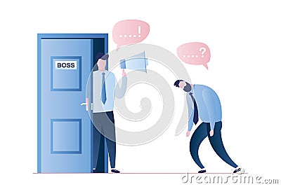 Office boss with megaphone stands in the doorway and unhappy tired male employee Vector Illustration