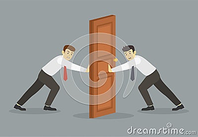 Angry businessman or manager trying to open the door. Scared businessman or manager pushes the door. Vector Illustration