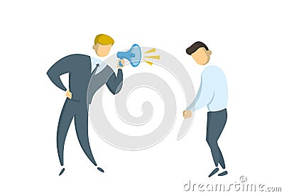 Angry businessman with a megaphone shouting at the manager. Bullying At Work. Flat vector illustration. Isolated on Vector Illustration