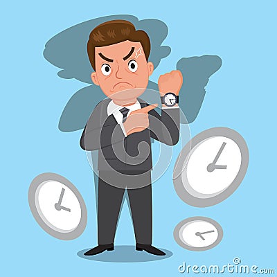 Angry businessman pointing watch asking punctuality wants be time Vector Illustration