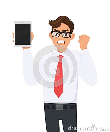 Angry businessman showing new tablet computer and making or gesturing raised fist. Person holding a digital tab. Male character. Vector Illustration