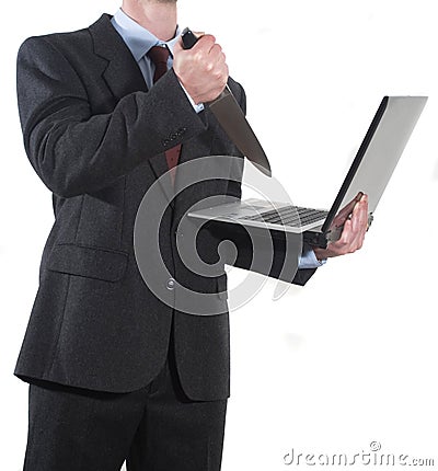 Angry Businessman stabbing notebook with a knife Stock Photo