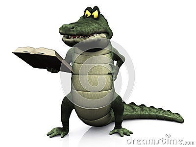 Angry cartoon crocodile reading book. Stock Photo