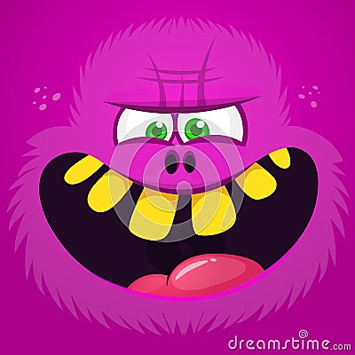 Angry cartoon hairy monster face avatar. Vector Halloween pink monster character Vector Illustration