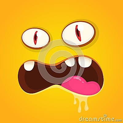 Angry cartoon monster face avatar. Vector Halloween orange monster with big mouth full of saliva. Vector Illustration