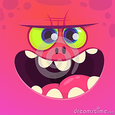 Angry cartoon monster face with big smile. Vector Halloween pink monster character. Vector Illustration