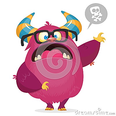 Angry cartoon monster with horns. Big collection of cute monsters. Halloween character. Vector Illustration