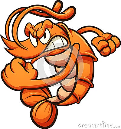 Angry cartoon shrimp with big fist Vector Illustration