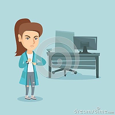 Angry caucasian employer pointing at wrist watch. Vector Illustration