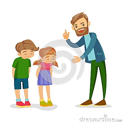 Angry Caucasian white father scolding his children Vector Illustration