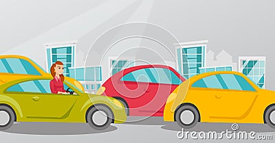 Angry caucasian woman in car stuck in traffic jam. Vector Illustration