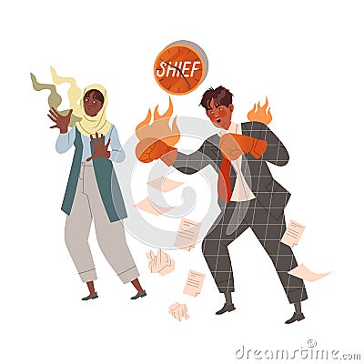 Angry chief in boxing gloves fighting against stressed female employee wearing hijab. Evil boss and stressed staff Vector Illustration