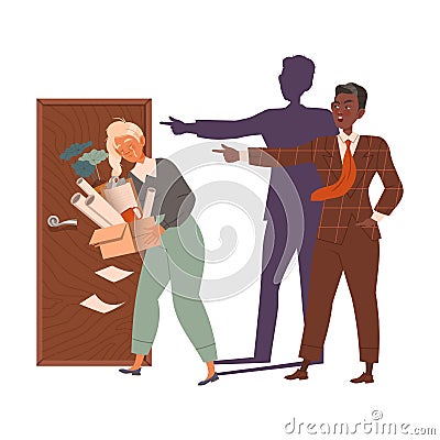 Angry chief firing crying employee. Evil boss and stressed staff vector illustration Cartoon Illustration