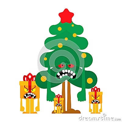 Angry Christmas. Crazy Christmas tree and gift box. Xmas and New Year vector illustration Vector Illustration