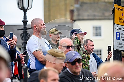 Angry counter protesters stand guard in The Marketplace at Black Lives Matter protest in Richmond, North Yorkshire Editorial Stock Photo