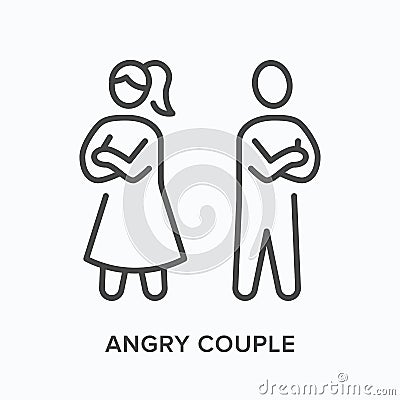 Angry couple flat line icon. Vector outline illustration of men and woman. Black thin linear pictogram for family Vector Illustration