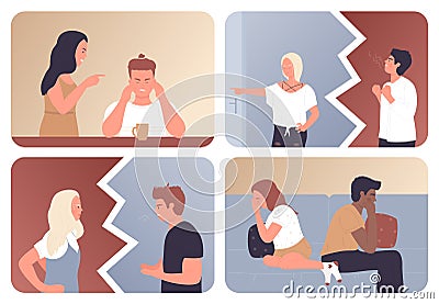 Angry couple quarrel set, anger fight, divorce of two unhappy married man and woman Vector Illustration