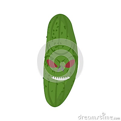 Angry cucumber. Aggressive green vegetable. Dangerous fruit Vector Illustration