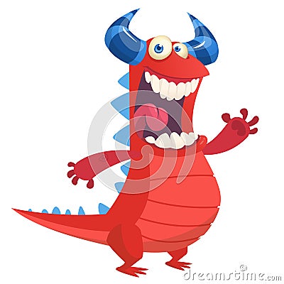 Angry cute cartoon red monster dragon laughing. Vector Illustration