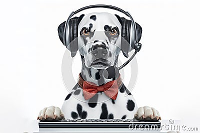 angry dalmatian dog with bulging big eyes in headphones and working in a call center on white background. ai generative Stock Photo