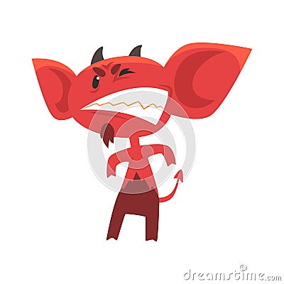 Angry devil standing in threatening pose and showing teeth. Red demon with big ears, horns and tail. Comic fictional Vector Illustration