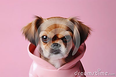 Angry disgruntled little girl dog on a solid pink background. ai generative Stock Photo