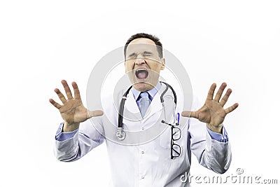 Angry doctor crazy shouting, yelling with aggressive expression and arms raised Stock Photo