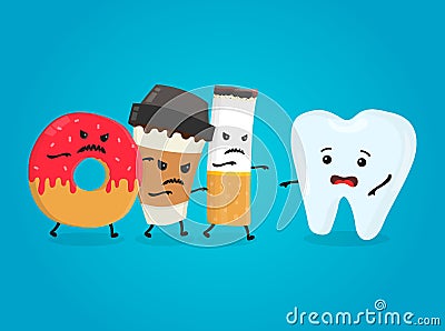 Angry donut, coffee paper cup and cigarette kill healthy tooth. Nightmare health white teeth. Vector flat cartoon character Vector Illustration