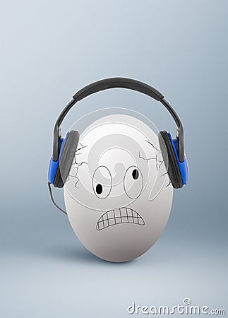 Angry egg with headphones, unbearable, annoying music concept Stock Photo