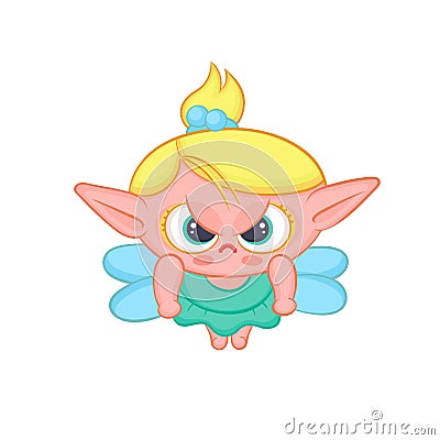 Angry elf fairy with wings. Cute blond girl sorceress in dress vector fantastic character isolated cartoon illustration. Vector Illustration
