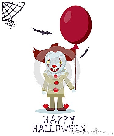 Angry evil clown with red balloon. Vector Illustration