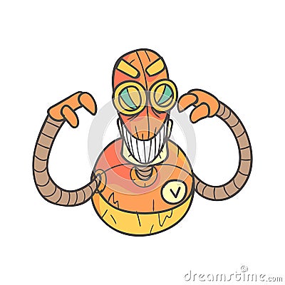 Angry Evil Orange Robot Cartoon Outlined Illustration With Cute Android And His Emotions Vector Illustration